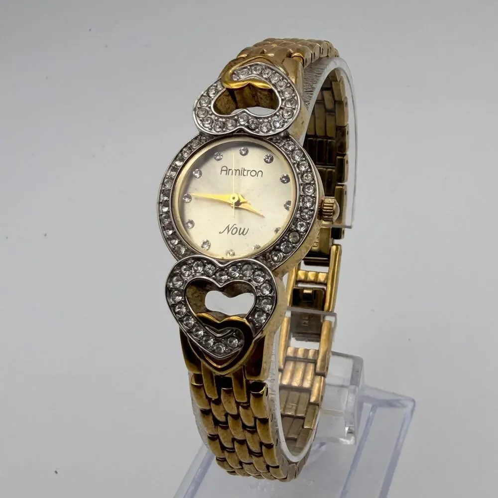Charming Armitron Now Women's Gold-Tone Rhinestone Heart Watch New Battery